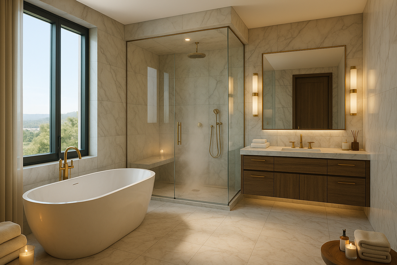 Luxury marble bathroom with mountain views