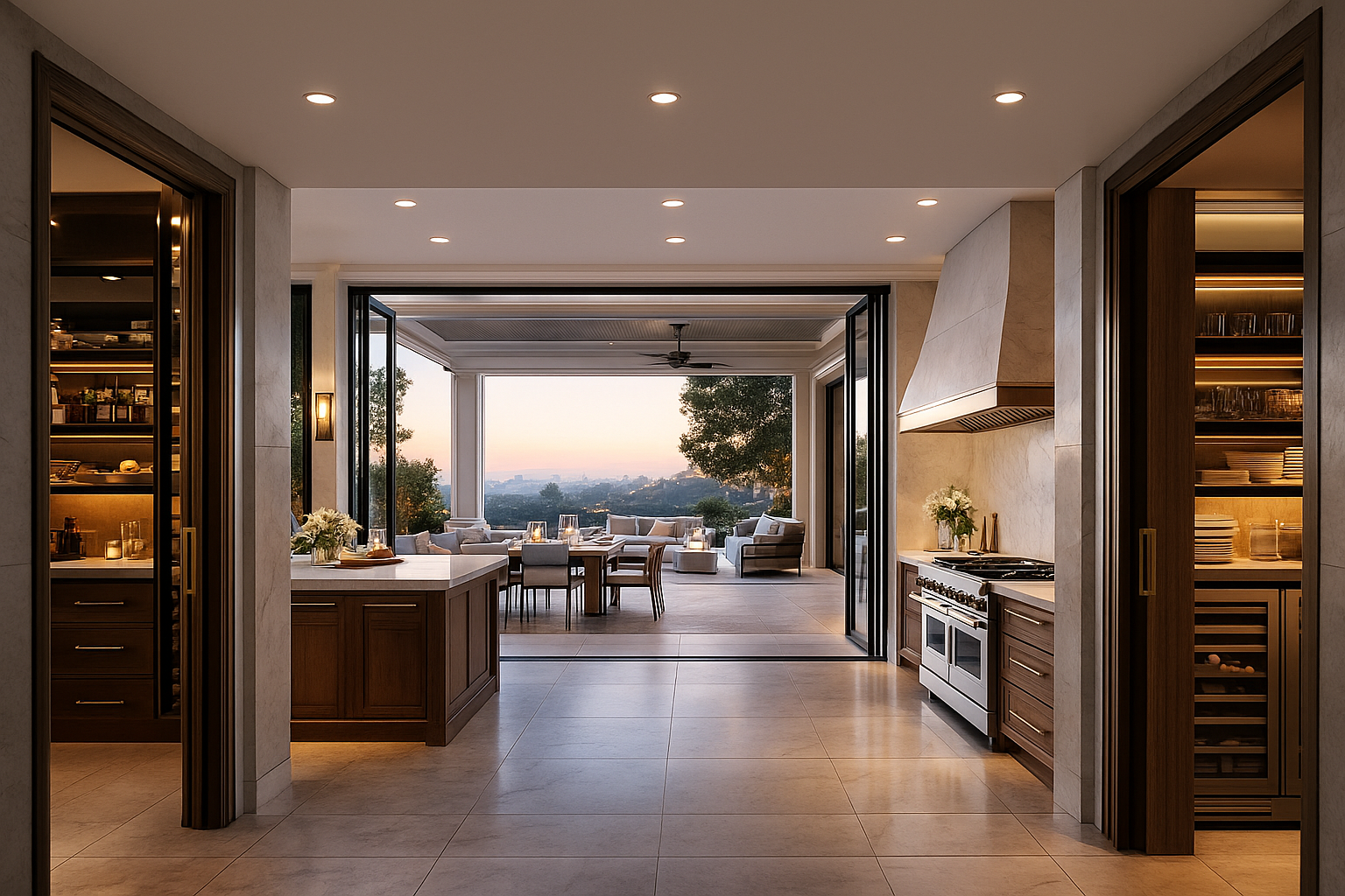 Modern kitchen opening to outdoor terrace