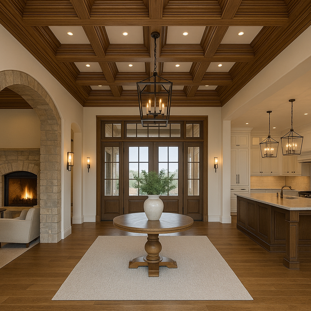 Luxury home foyer with coffered ceiling