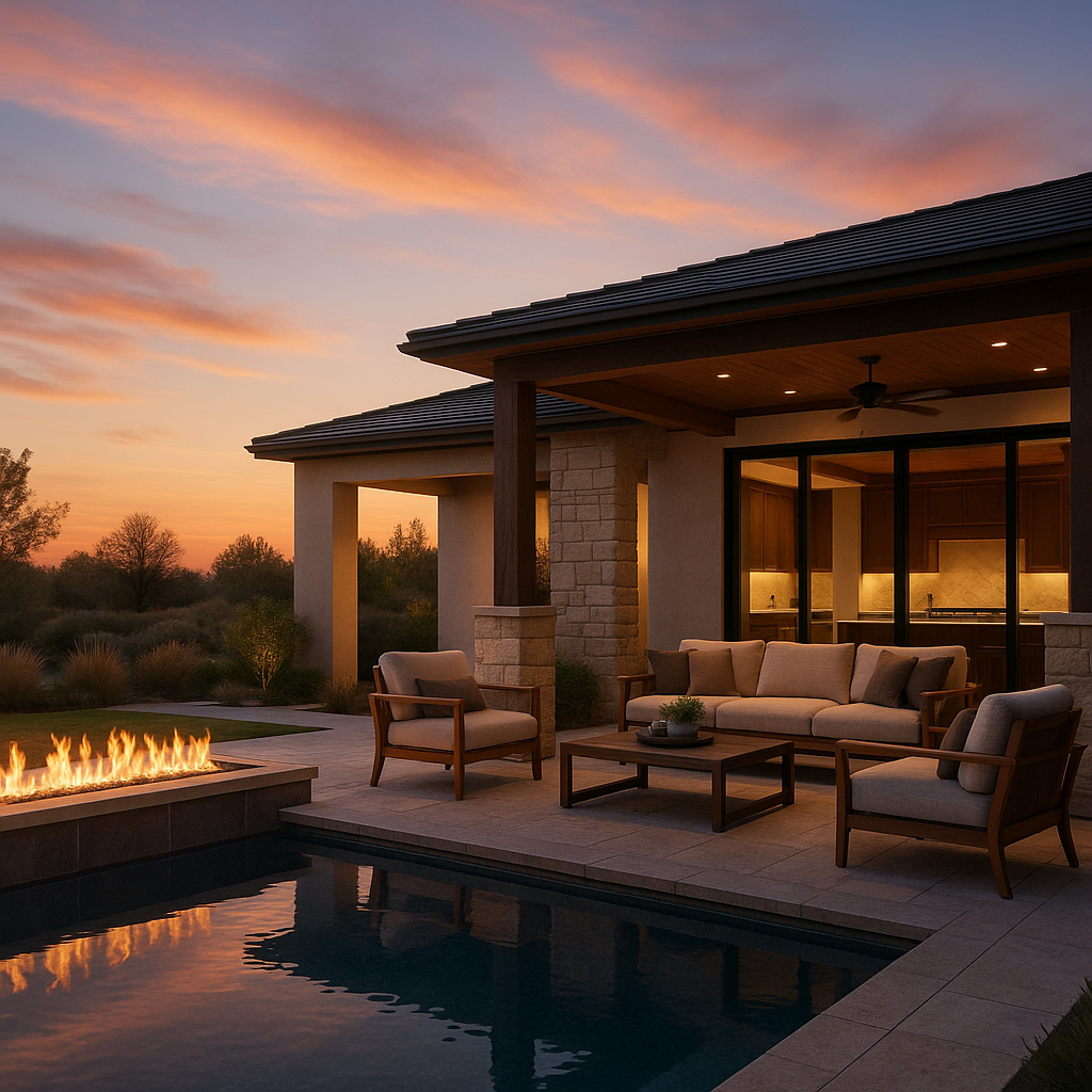 Modern patio with fireplace and pool at sunset
