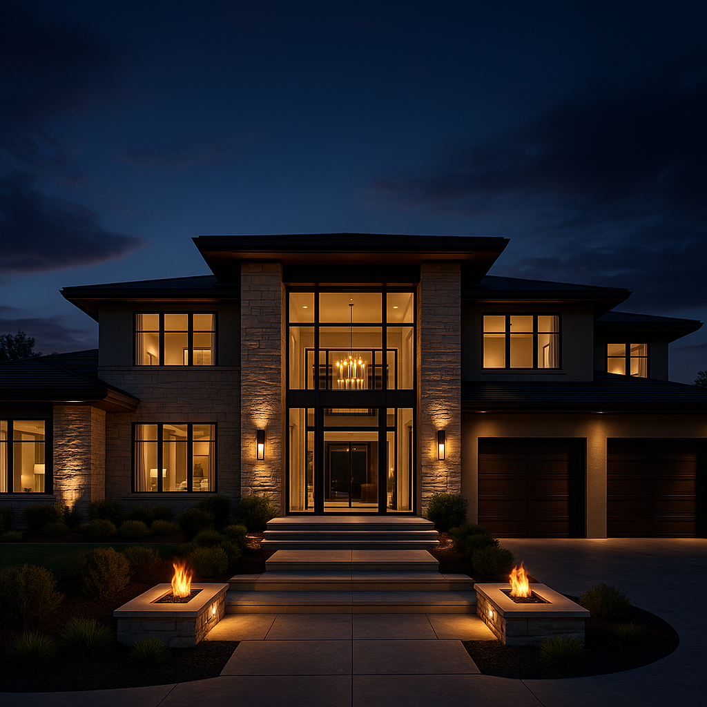 Modern luxury home illuminated at dusk