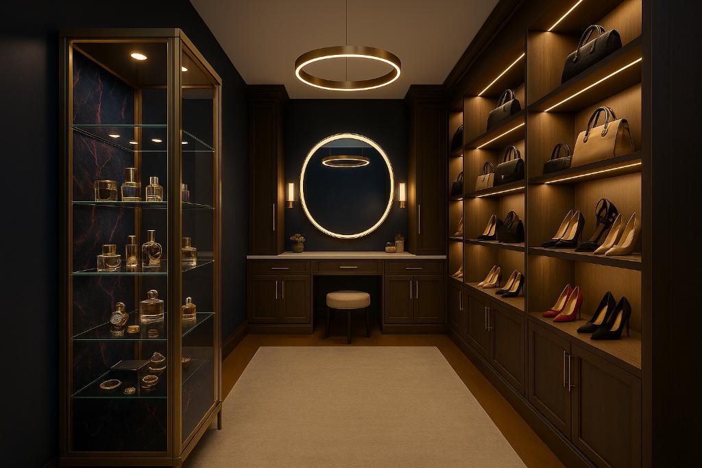 Luxury vanity closet with designer shoes and handbags