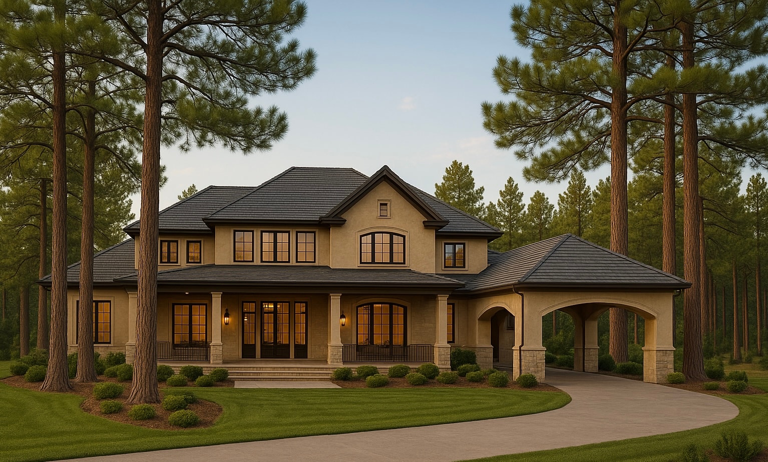 Luxury estate exterior surrounded by tall pines