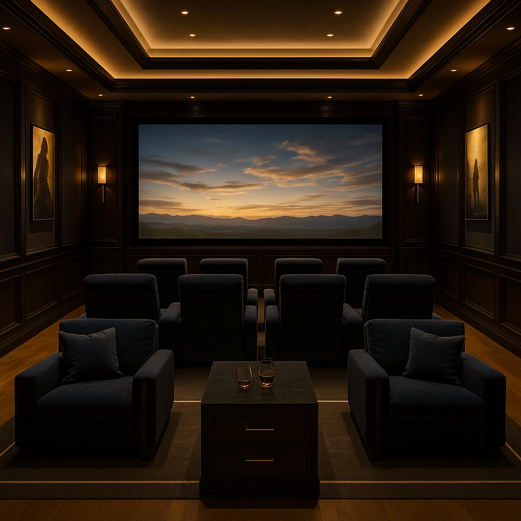 Luxury home theater with tiered seating and cinematic display