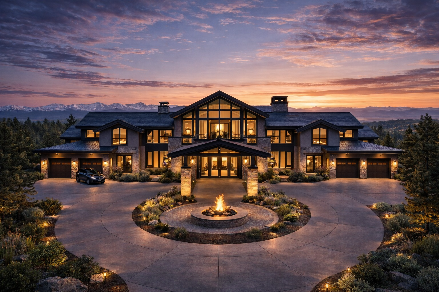 Mountain modern estate with fire pit at sunset