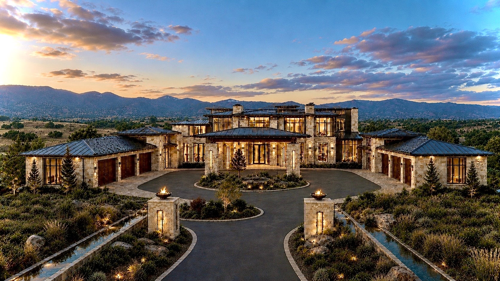 Luxury estate with grand fountain driveway at dusk