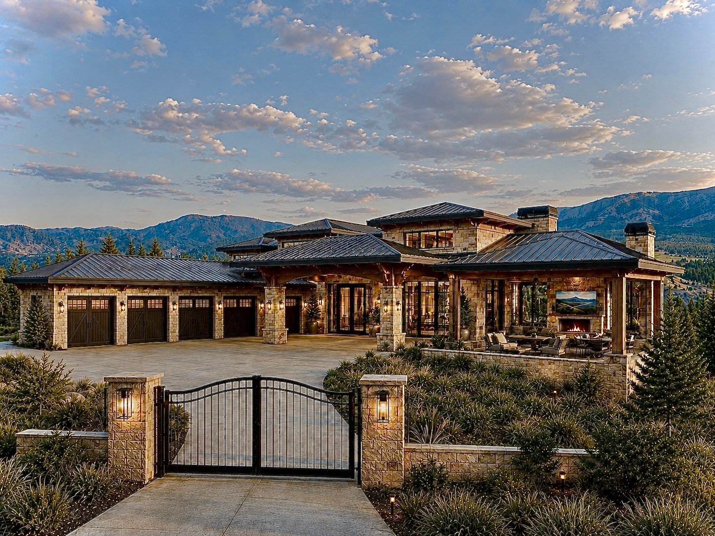 Luxury mountain home at sunset with valley views