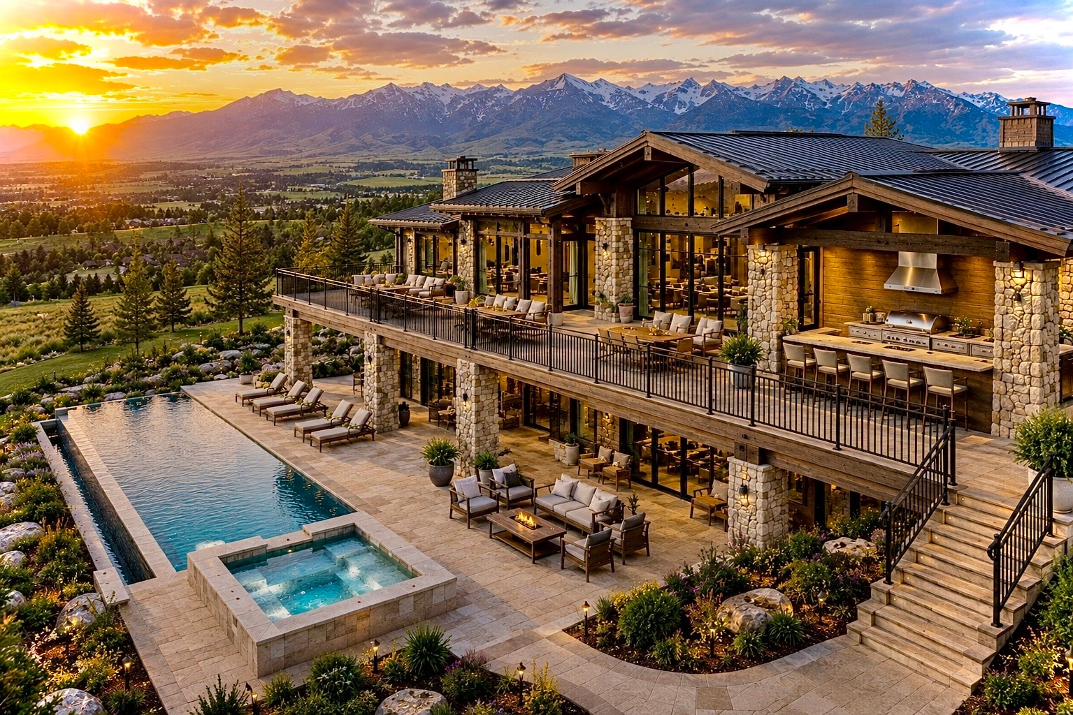 Luxury stone estate exterior at dusk
