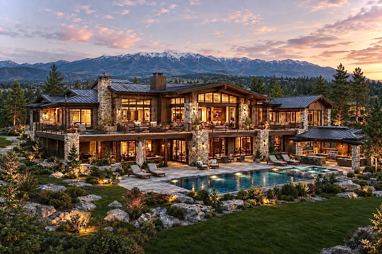 Luxury mountain home with gated entrance at sunset