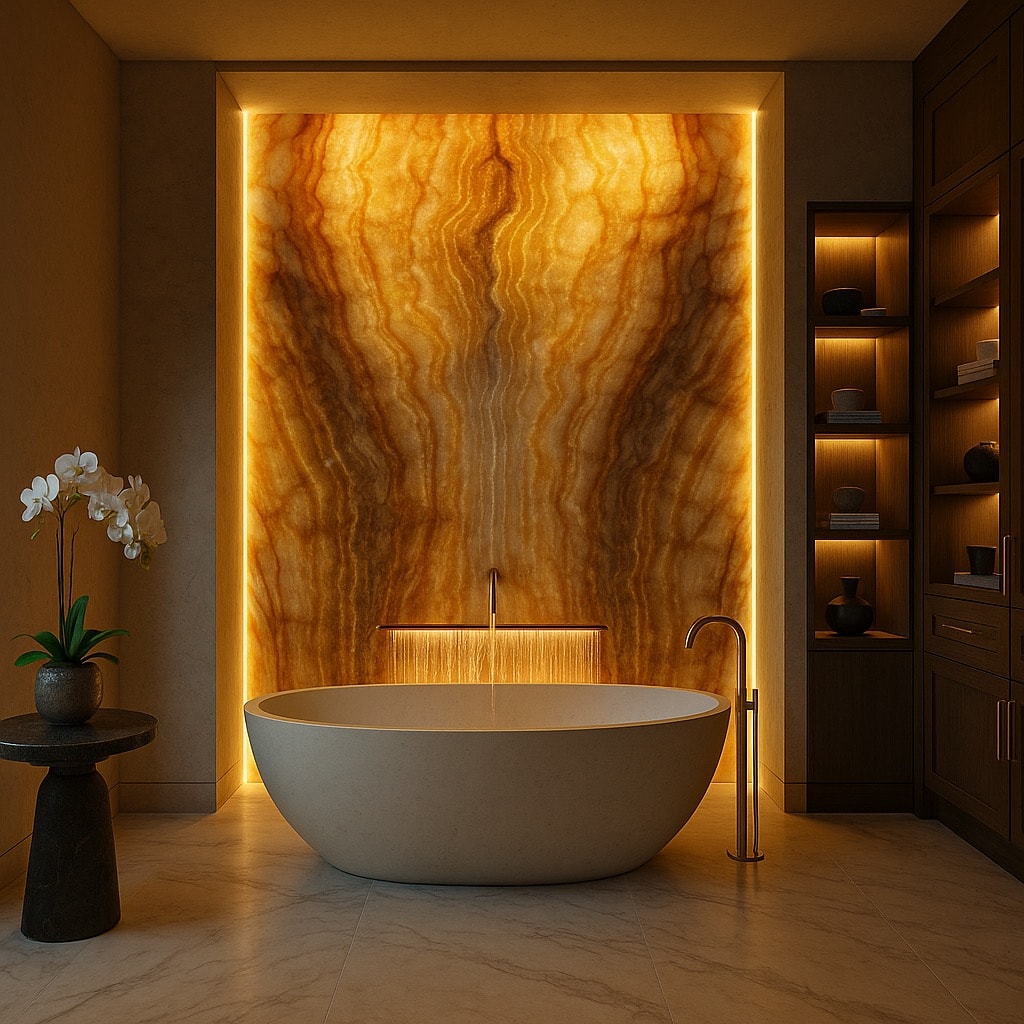 Luxury bathroom with backlit amber onyx wall and freestanding tub