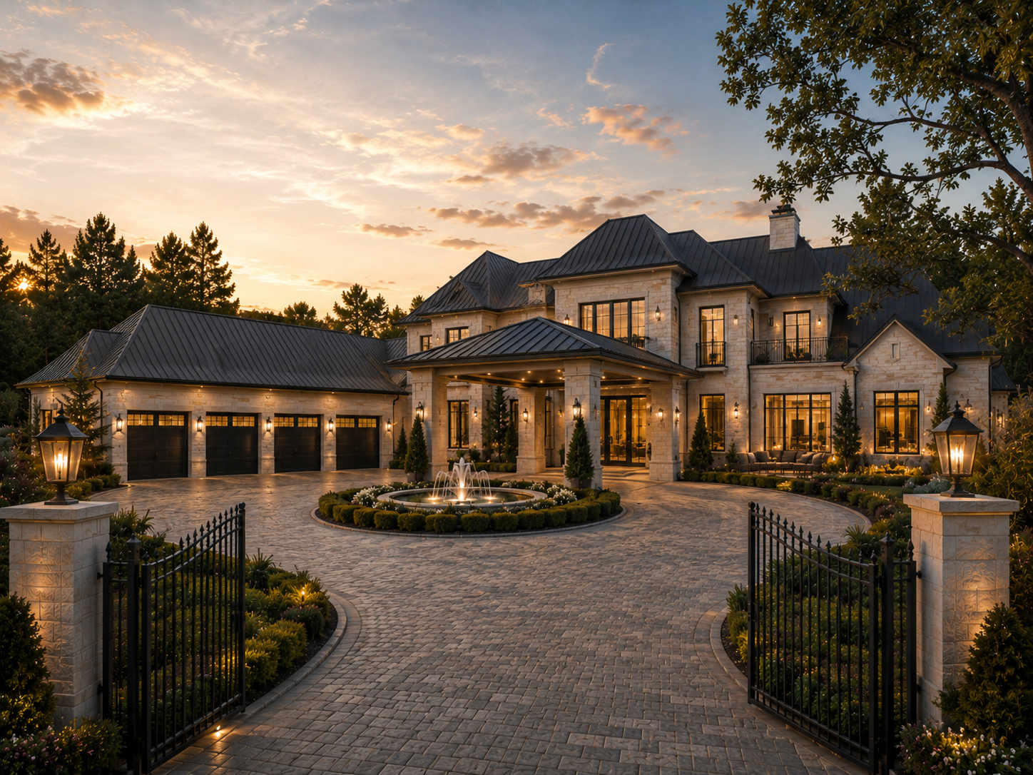 Luxury stone estate with fountain driveway and iron gates at dusk