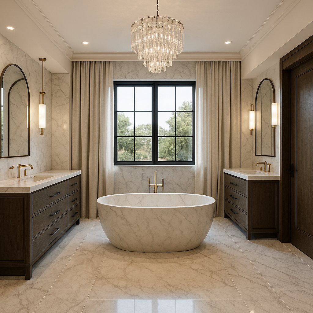 Luxury marble master bath with crystal chandelier and dual vanities