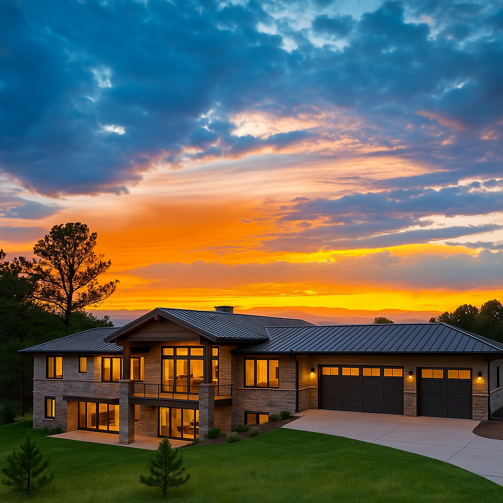 Modern luxury home at vivid Colorado sunset with dramatic sky